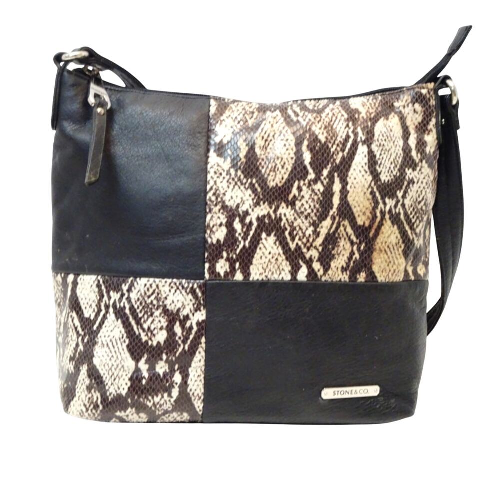Stone & Co. Genuine Leather Black Shoulder Bag w/ Snakeskin Trim